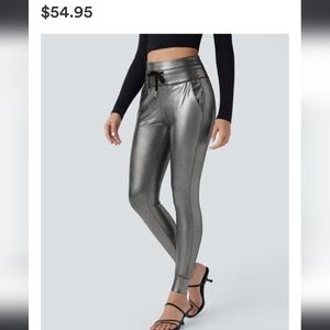 SoftlyZero Faux Leather High Waisted Drawstring Pocket Sparkle Foil Print Jogger